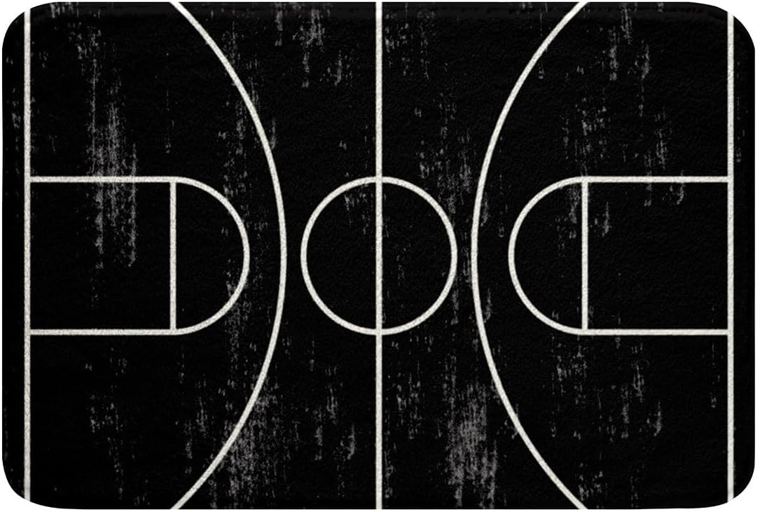 Feelyou Basketball Polyester Bath Rug Black White Soft Fleece Door Carpet for Kids Boys Girls Basketball Court Print Non Slip Bath Mat Ball Game Bathroom Floor Indoor Doormat,16x24 Inch