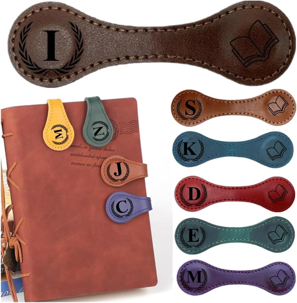 Personlized Magnetic Leather Bookmarks with Initials, Customized Book Marks Clip 26 Letters Bookmark for Reading Women, Men, Kids,Cute Book Markers Meaningful Gift for Book Lovers (Dark Brown, I)