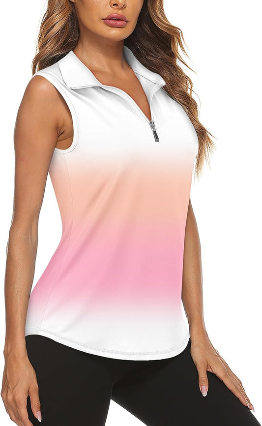 Koscacy Women's Sleeveless Golf Tennis Polo Shirts Zip Up Dry Fit Workout Tank Tops Athletic Shirt