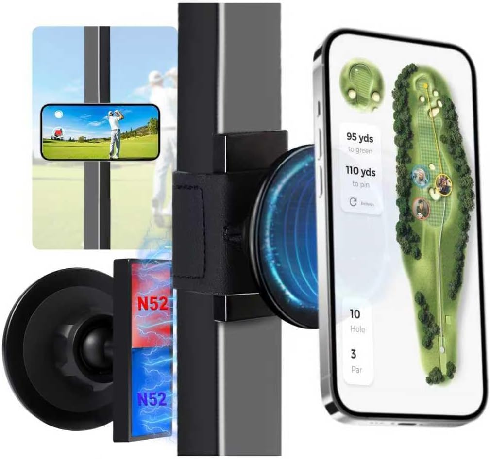 Magnetic Golf Cart Phone Holder with Strong Magnets & Safety Strap Double Protection Fit for Magsafe iPhone/Galaxy/Google Pixel, Golf Cart Phone Mount Compatible with EZGO/Club Car/Yamaha/ICON