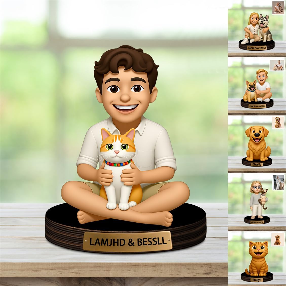 Personalized Pet Photo Cartoon Desktop Decor Custom 2D Picture Portrait Figurine Plaque with Name Cat Dog Owner Acrylic Sculpture Desk Sign Ornament for Men Women Family Couple Christmas Birthday