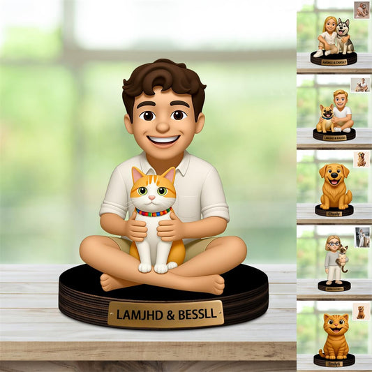 Personalized Pet Photo Cartoon Desktop Decor Custom 2D Picture Portrait Figurine Plaque with Name Cat Dog Owner Acrylic Sculpture Desk Sign Ornament for Men Women Family Couple Christmas Birthday