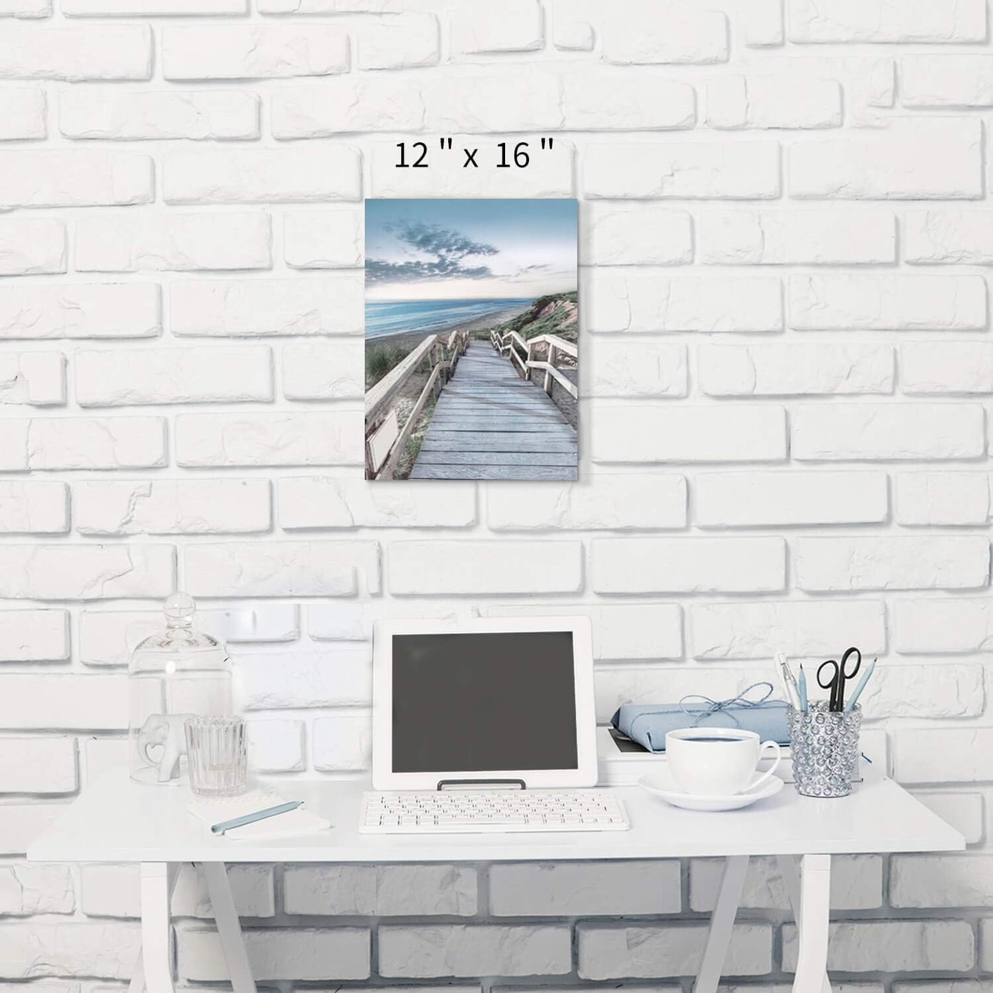 Beachside Wooden Path Wall Art: Bridge Boardwalk Stair Graphic Art on Wrapped Canvas for Wall Decor (12''x16'')
