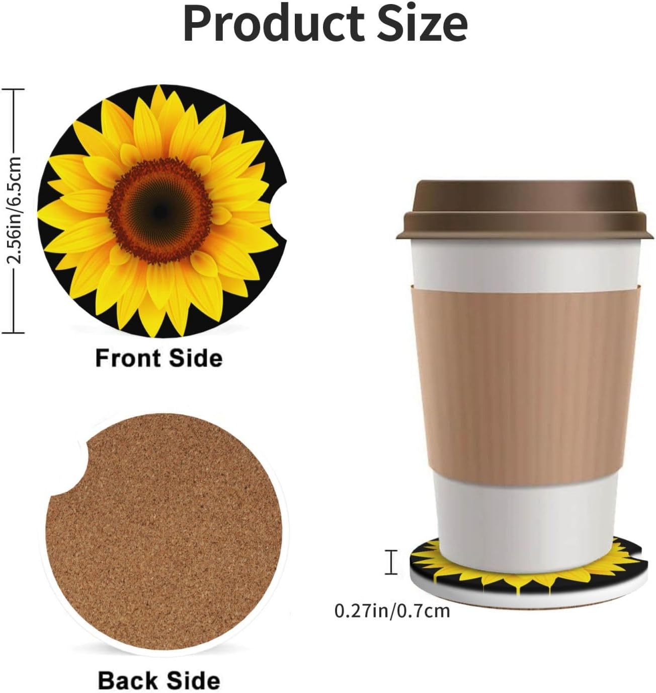 Car Cup Holder Coasters, Sunflower Sun Flower Car Coasters for Cup Holder Drinks, 2 Pack Ceramic Cute Auto Interior Accessories for Women Men