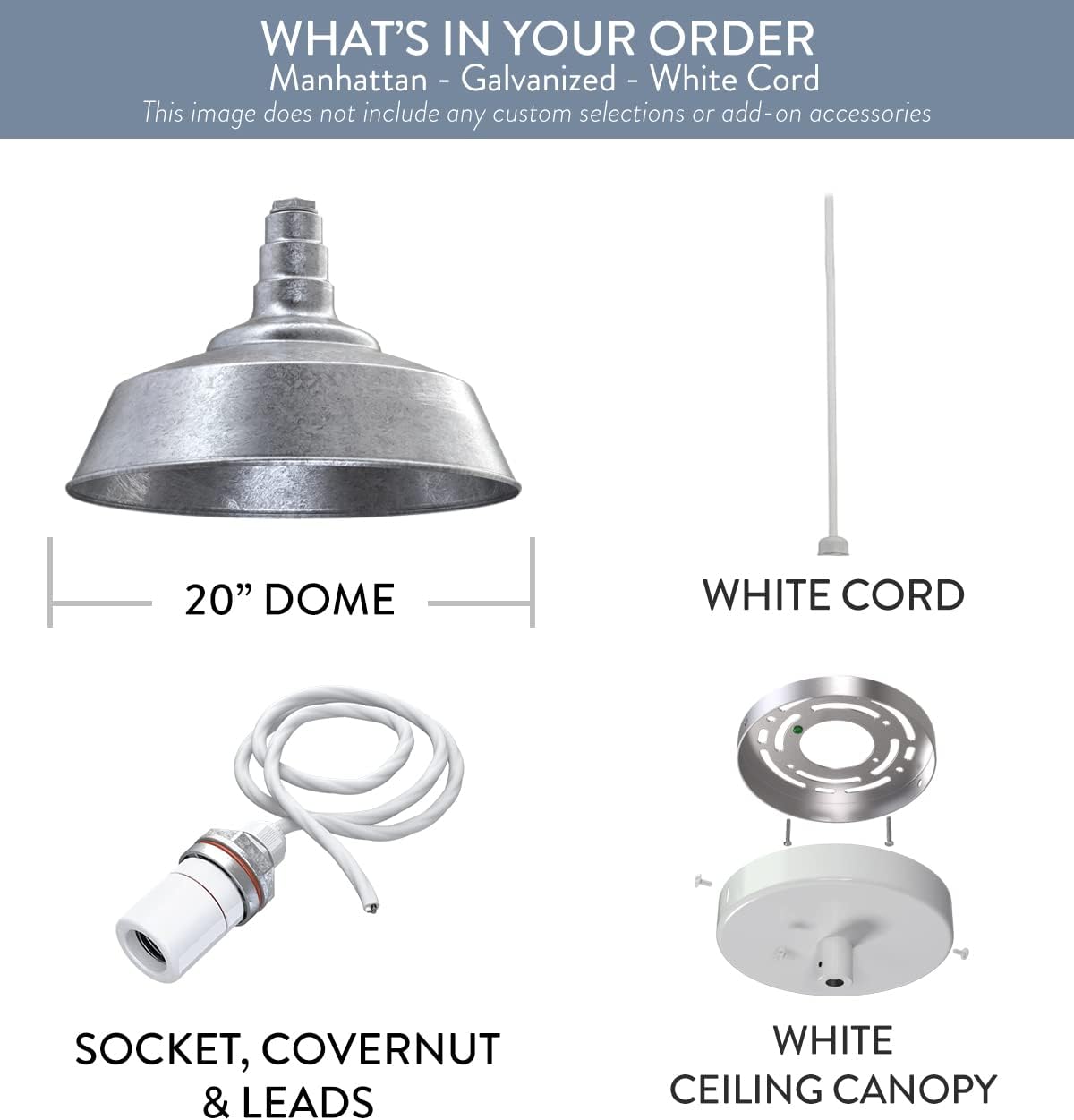 Steel Lighting Co. Manhattan Warehouse Light | Ceiling Mounted Pendant | 20 inch Dome | White Cord | Large Steel Barn Light Made in America | Galvanized Exterior/Galvanized Interior