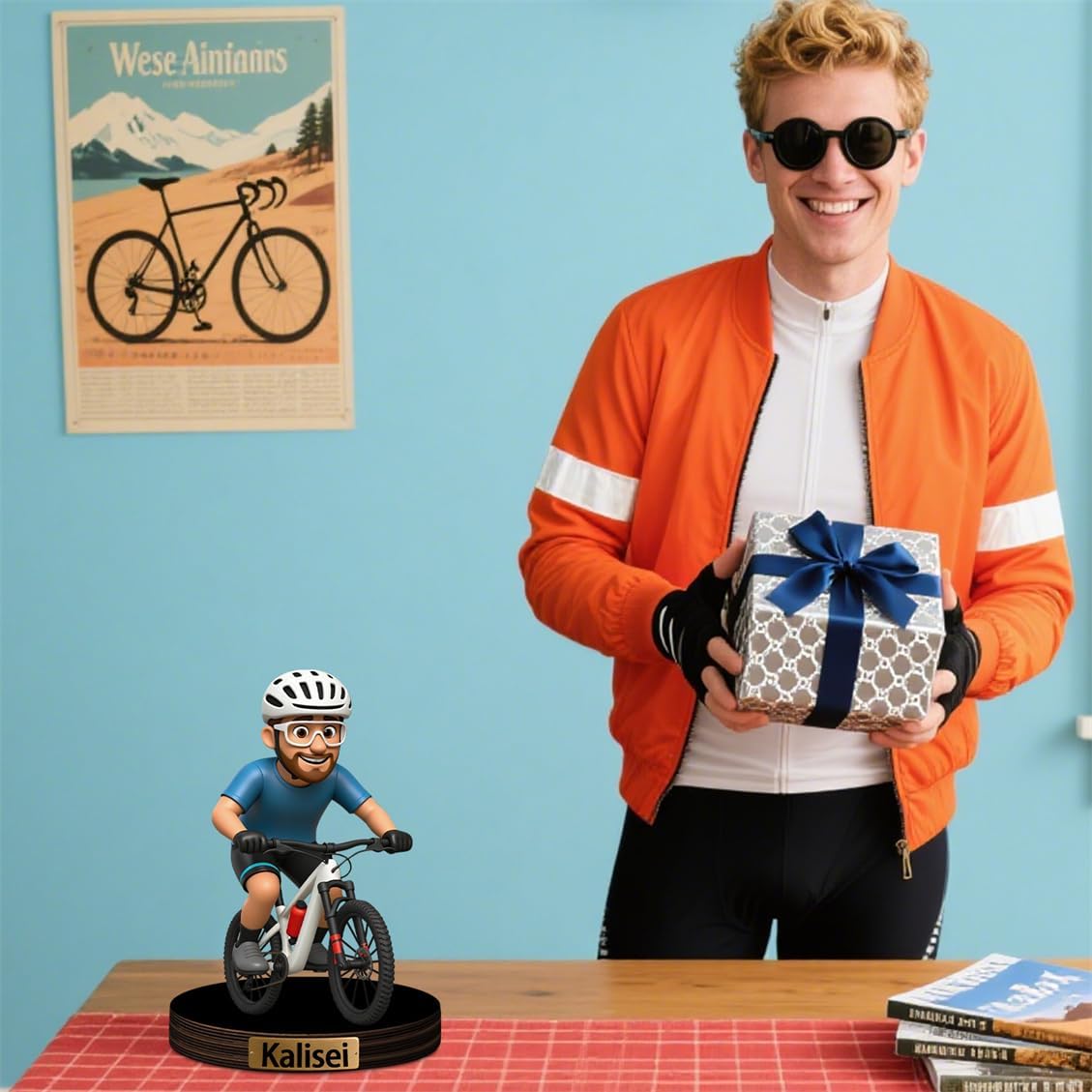 Personalized Mountain Bike Portrait Figurine Decor Custom Bicycles Cartoon Desktop Plaque 2D Biking Rider Photo Acrylic Sculpture Desk Sign Ornament for Men Women Family Couple Christmas Birthday