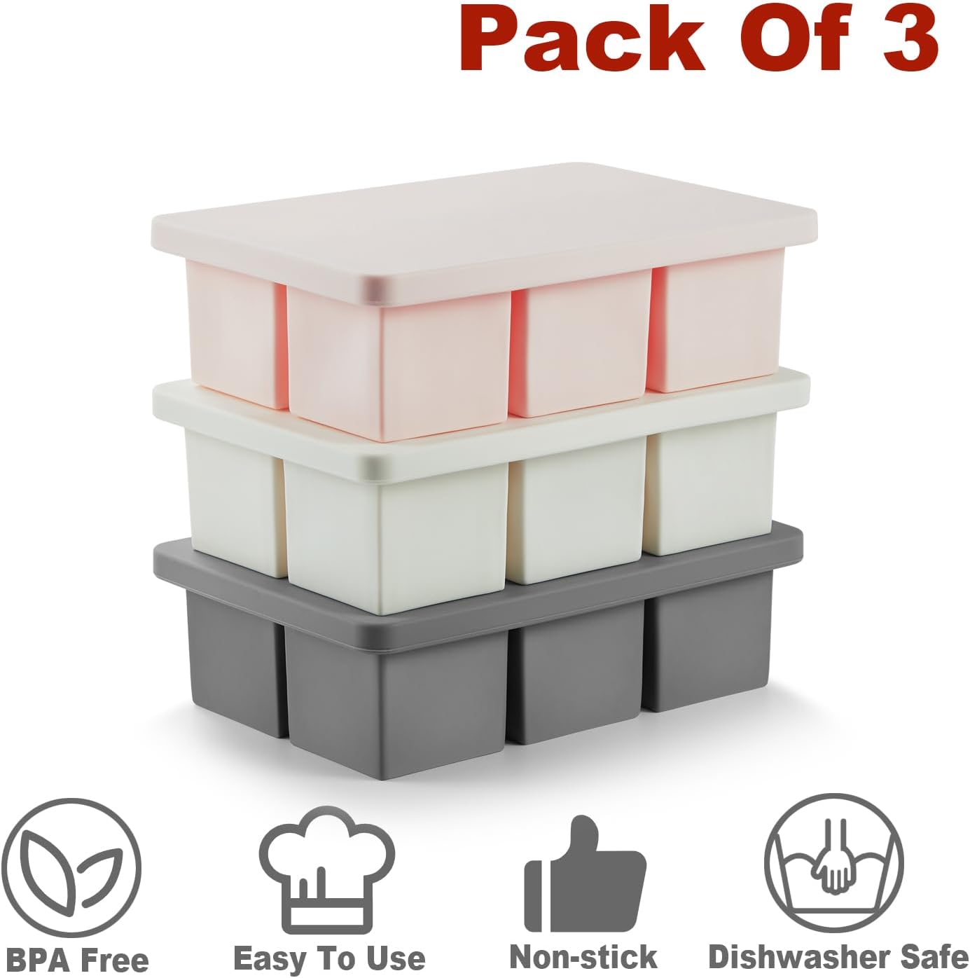 Nax Caki Ice Cube Trays 3 Pack for Whiskey, Large Square Silicone Ice Cube Molds for Whiskey Ice Cube Maker for Cocktail Old Fashioned 2inch Ice Cube Tray