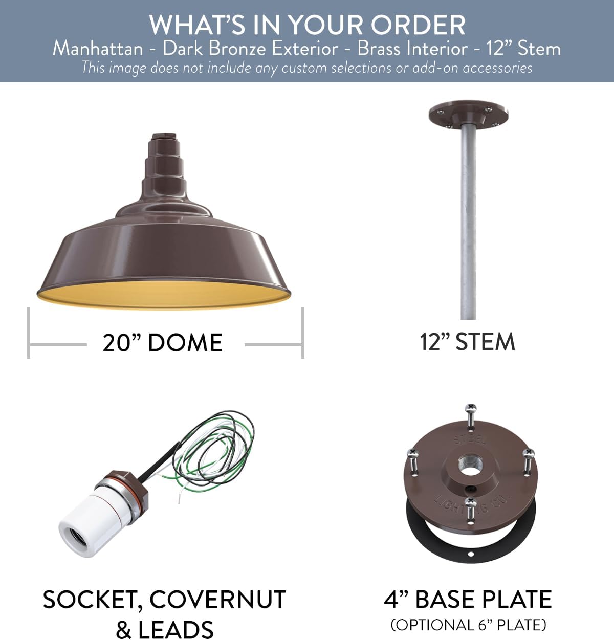Steel Lighting Co. Manhattan Warehouse Light | Ceiling Mounted Pendant | 20 inch Dome | 12 inch Stem | Large Steel Barn Light Made in America | Dark Bronze Exterior/Brass Interior