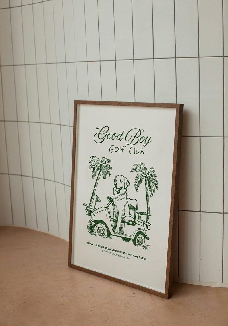 Good Boy Golf Club Poster, Golden Retriever Dog Driving Golf Cart Print, Funny Retro Golf Wall Art, Stylish Golf Wall Decor for Home, Office, or Man Cave (Unframed) (9x11)