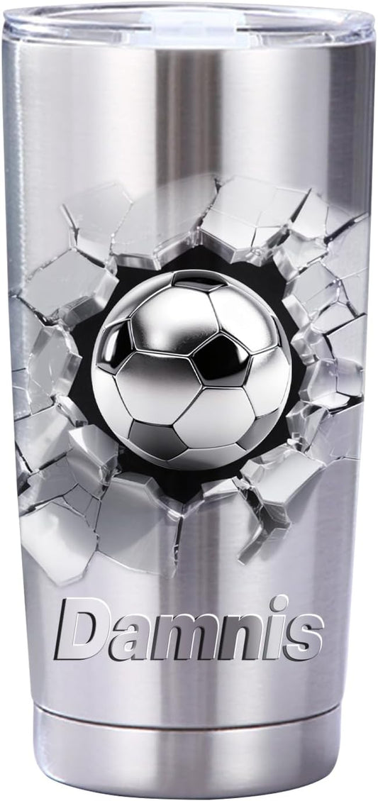 Personalized soccer Ball With 3D Cracked Wall Stainless Steel Silver Tumbler Mug, Custom Name Sport soccer Lovers Player Tumbler Mug,Customized Father's Day Birthday Sport Gift For Dad Men Women