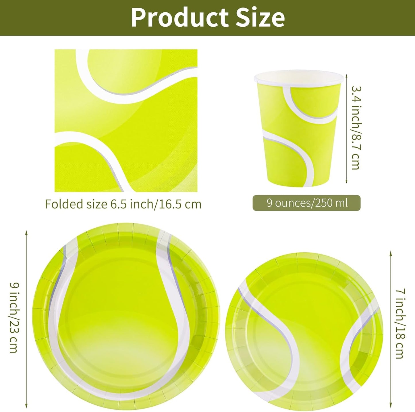 durony 96 Pieces Tennis Party Supplies Tableware Set Include Tennis Paper Plates Napkins and Cups Ball Game Dessert Plates for Sports Party Decorations, Serve 24 Guests