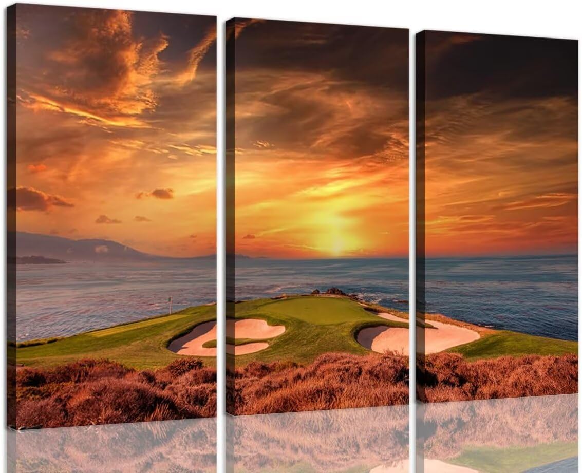 Pebble Beach Golf Course Wall Art for Living Room Bedroom Bathroom Home Decorations Monterey California Golf Course Pictures Posters Framed Artwork Canvas Prints Ready to Hang(12''W x 24''H x3)