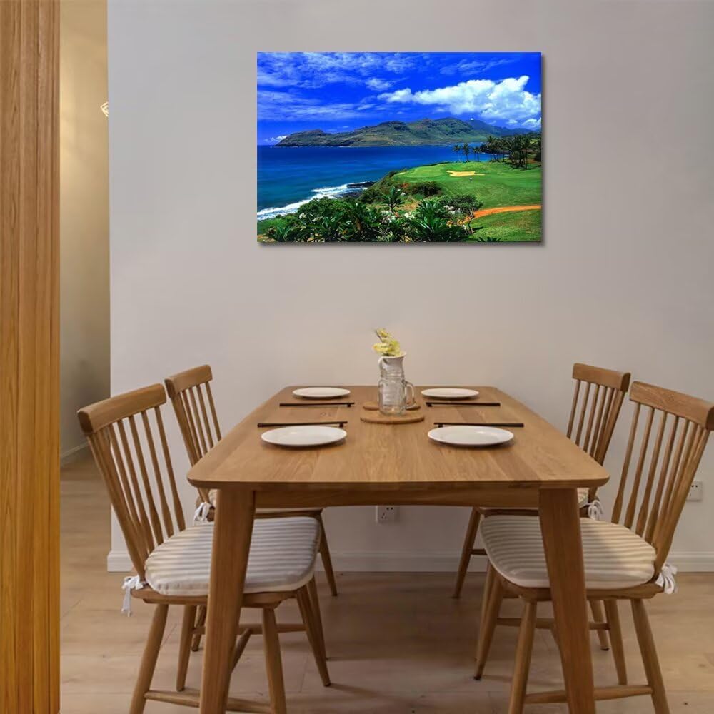 chenchenArt Lagoons Golf Course Wall Art for Living Room Bedroom Bathroom Home Decoration Hawaii Ocean Golf Course Picture Poster Canvas Prints Modern Artwork Framed Ready to Hang(28''H x 44''W)