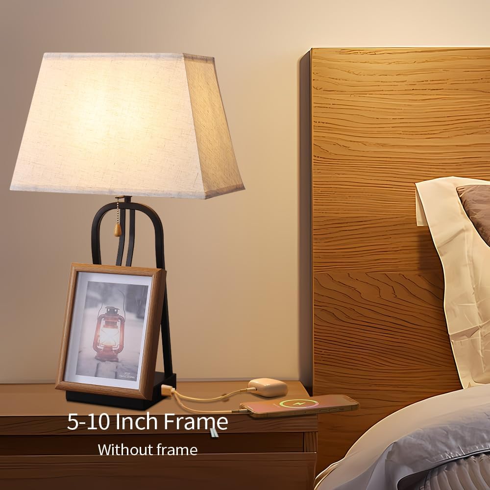 Table Lamp with Photo Frame Design, USB-C and USB-A Ports, Black, Modern Farmhouse Style