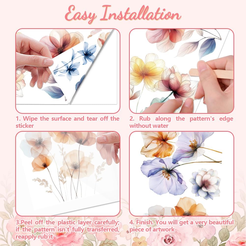 Peacoblue Rub on Transfer Decal Sticker for Furniture Craft Decor 6"x12" Colorful Watercolor Flower, 3Pcs Waterproof UV DTF Transfer for Drawer Dresser Glass Porcelain Wood Plastic Window