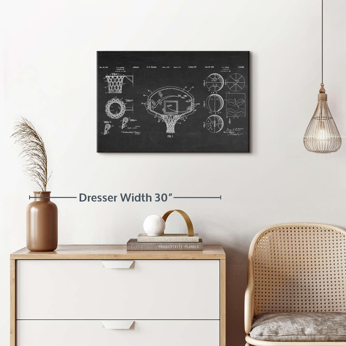 ElephantStock Basketball Patents Canvas - 1 Panel Sports Patent Wall Art Decor - Sports Decorations for Boys Room - Wall Art and Office Decor - 24" X 16"