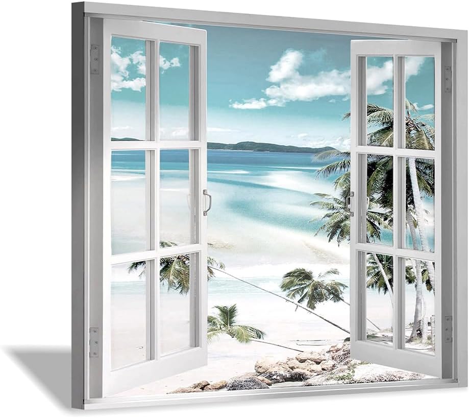 Canvas Windows Picture Wall Art: Beach with Light Blue Coastal Palm Graphic Artwork Print on Canvas Artwork for Living Room (24” x 36” x 1 Panel)