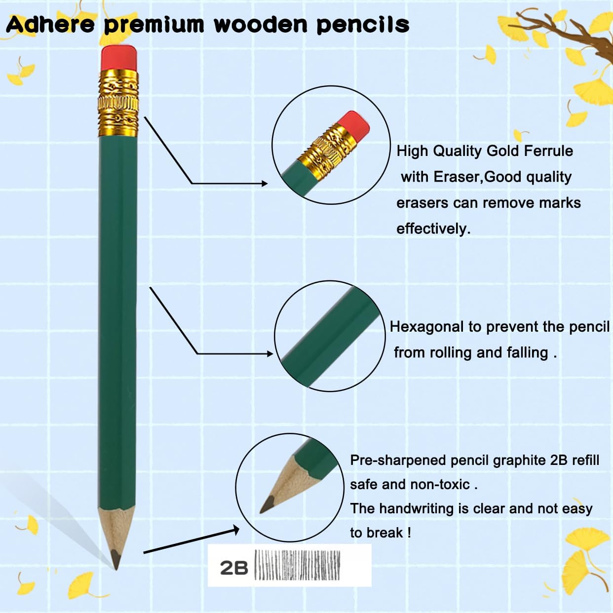 Adhere 50pcs Golf Pencils with Eraser Hexagon Wooden half Pencils Graphite 2B for Golf Event Scoring, Classroom, Wedding, Pew, Pocket | Free Pencil Sharpener (Green・Hexagon・50pcs)