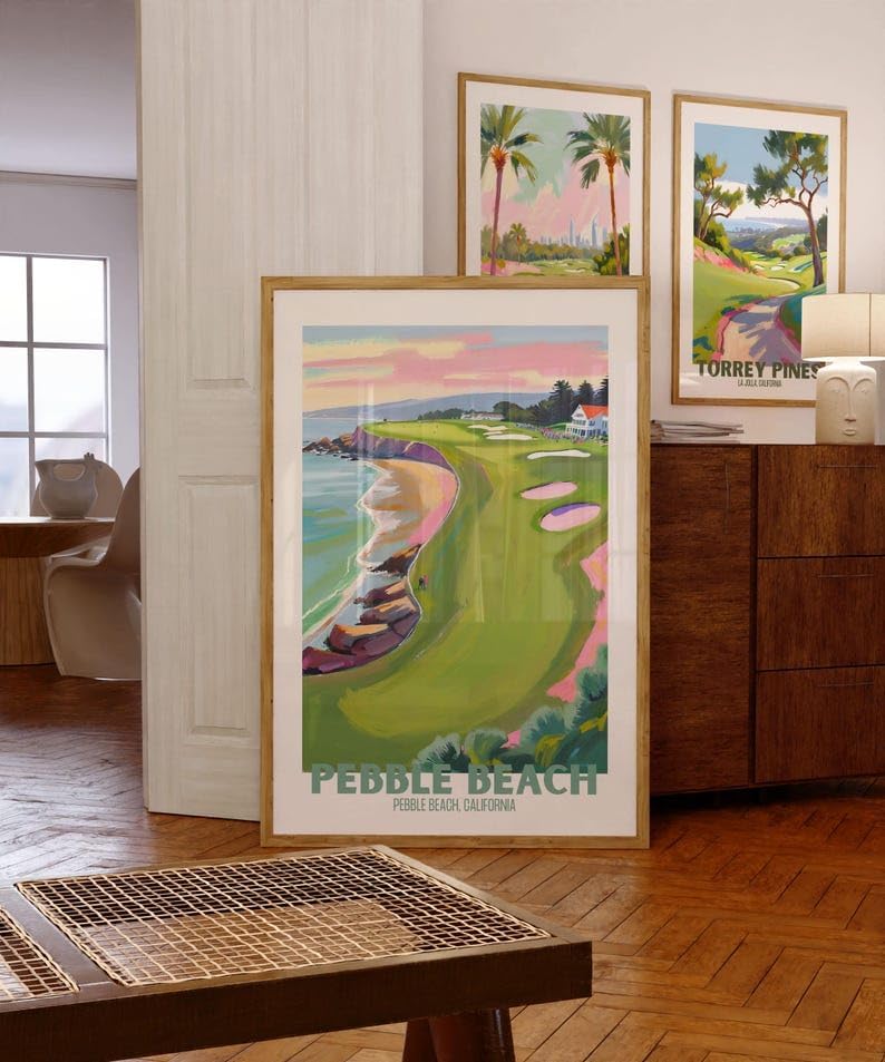 Nationcog Pebble Beach Golf Course Poster, Vintage California Travel Wall Art Print, Retro Coastal Landscape Painting, Unique Golf Course Poster for Collectors and Sports Fans (Unframed) (11x14)