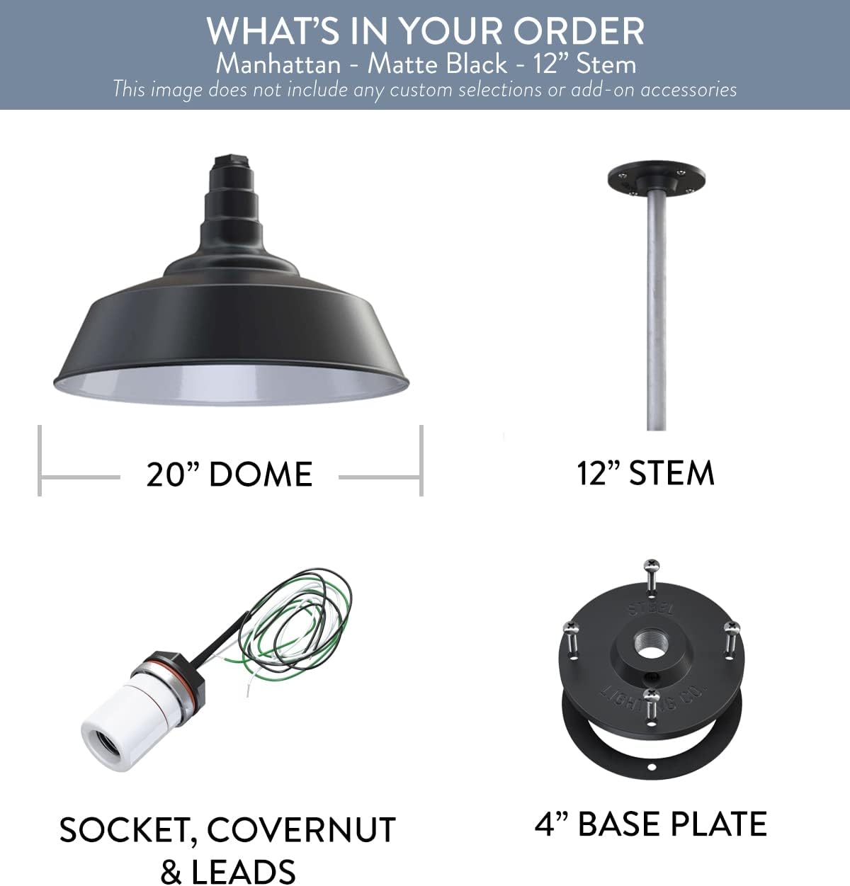 Steel Lighting Co. Manhattan Warehouse Light | Ceiling Mounted Pendant | 20 inch Dome | 12 inch Stem | Large Steel Barn Light Made in America | Matte Black Exterior/White Interior