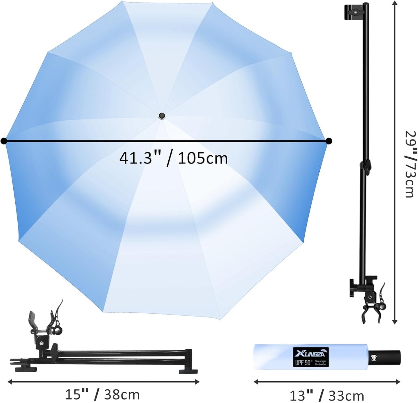 UPF 50+ Beach Umbrella with Adjustable Universal Clamp