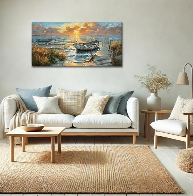 dgbtcart Ocean Sailboat Large Wall Art, Sunset Beach Painting Art Prints, Coastal Landscape Artwork for Walls, Seaside Pictures Wall Decor Living Room Bedroom Office Hotel Ready to Hang 24x48inch