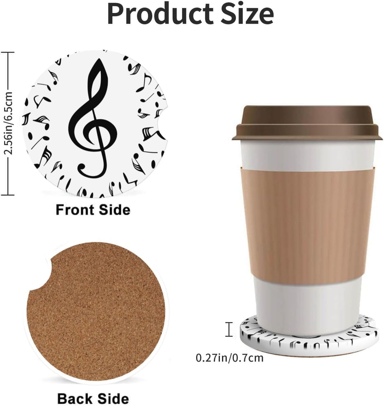 Car Cup Holder Coasters, Music Musical Notes Car Coasters for Cup Holder Drinks, 2 Pack Ceramic Cute Auto Interior Accessories for Women Men