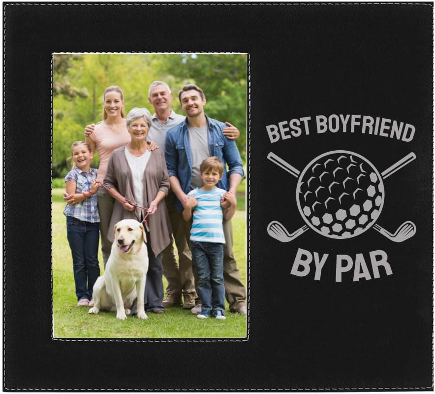 CustomGiftsNow Boyfriend By Par Father's Day Golf Gift Engraved Leatherette Faux Leather Hanging/Tabletop Offset Vertical/Portrait Personalized Group Grandparent Family Photo 5x7 Picture Black Frame