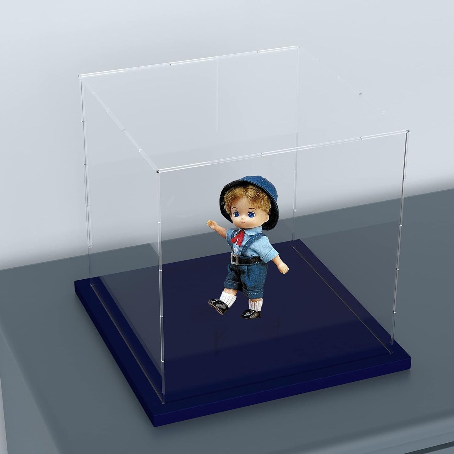 Acrylic Display Case with Navy Blue Velvet Base, Simple Self-Assembly Clear Acrylic Display Box with Lid, 6 Inch Cube Countertop Box for Collectibles, Home Organization (6x6x6 inch)