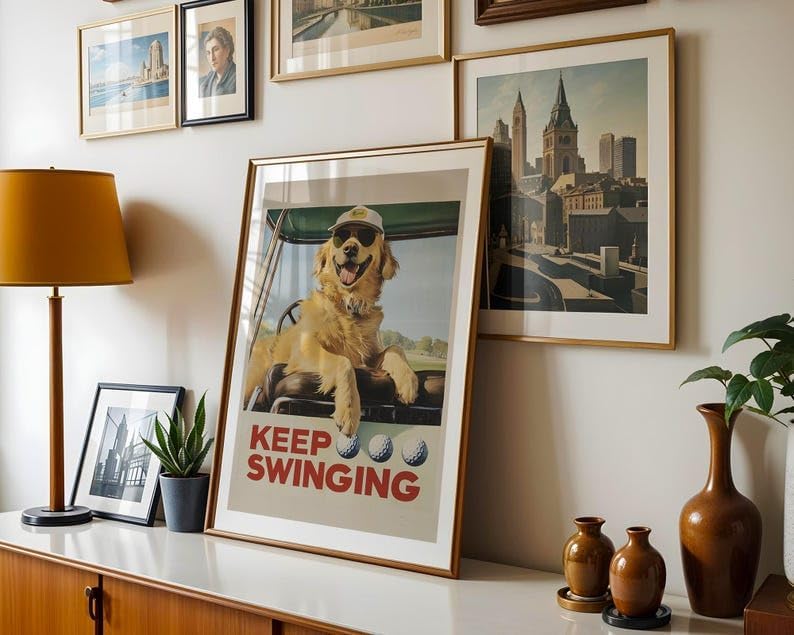 Funny Golden Retriever Golf Wall Art, Vintage Retro Dog Sports Print for Golf Lovers, Bar or Office Decor, Keep Swinging Inspirational Artwork (Unframed) (12x18)