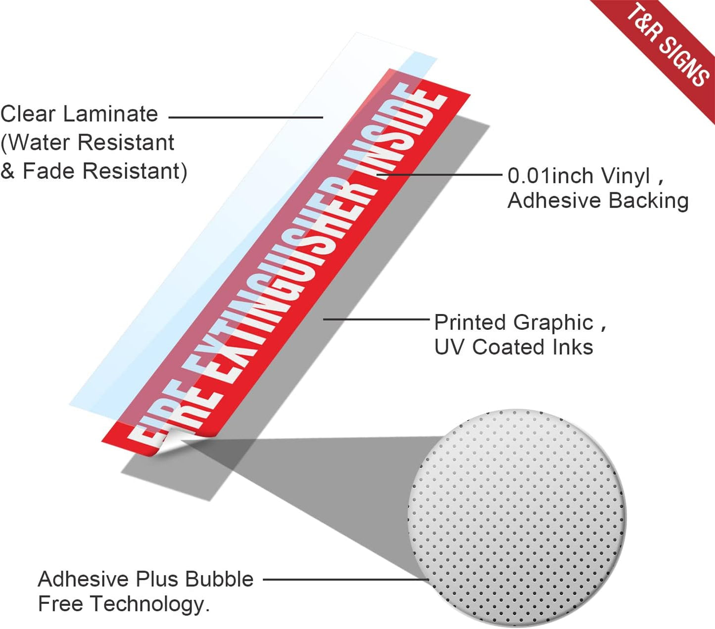 T&R Fire Extinguisher Inside Sign Stickers - 10 Pack - 9" x 1.7" Self-Adhesive Vinyl Reflective, UV resistant, Waterproof, Fade and Scratch Resistant, Suitable for Vehicles Indoor and Outdoor - Red