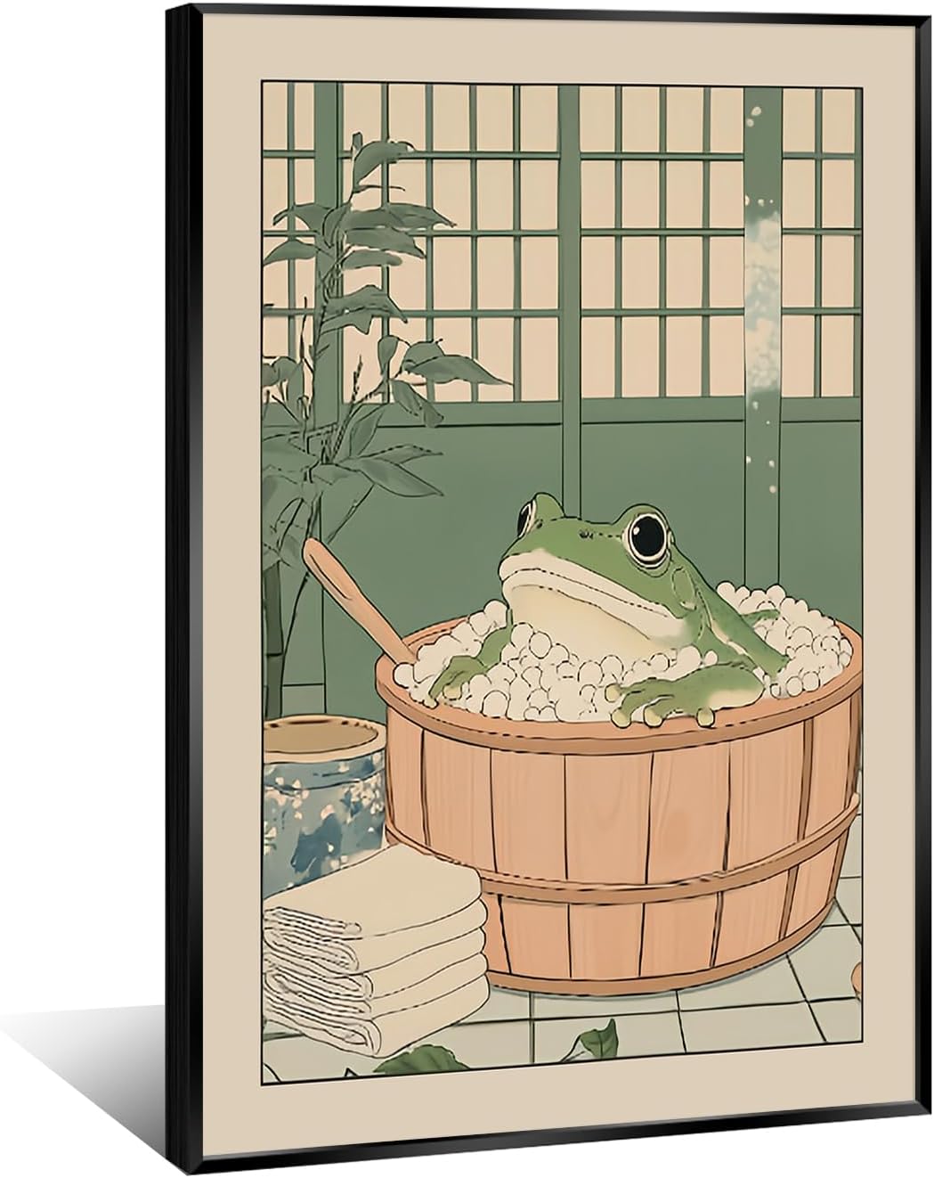 Funny Bathroom Wall Art Japanese Aesthetic Frog in a Bathtub Posters Cute Animal Canvas Prints Vintage Neutral Minimalist Wall Decor for Apartment Dorm 12x16in Framed