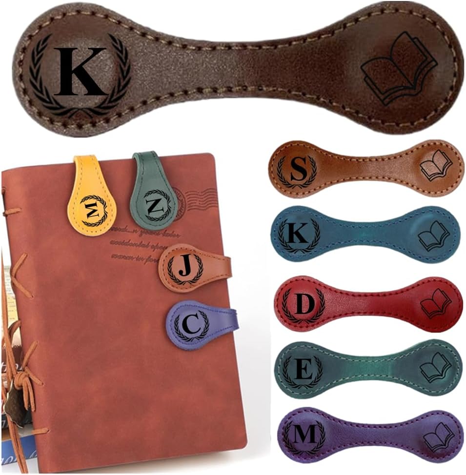 Personlized Magnetic Leather Bookmarks with Initials, Customized Book Marks Clip 26 Letters Bookmark for Reading Women, Men, Kids,Cute Book Markers Meaningful Gift for Book Lovers (Dark Brown, K)