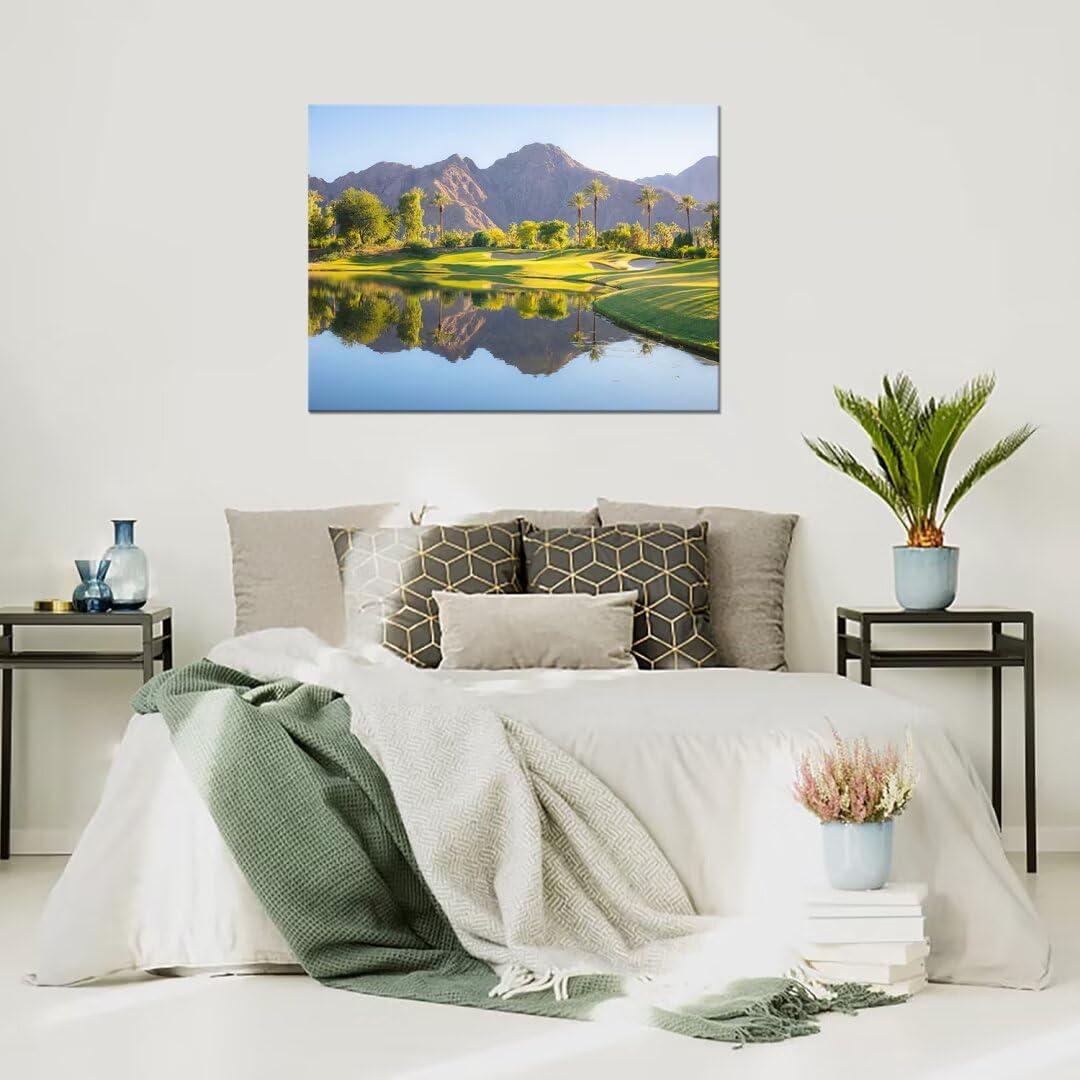 HJY Art USA Golf Course Wall Art California Golf Wall Decor Blue Green Landscape Painting Poster for Home Decor Living Room Bedroom Office Club Gym Framed Artwork Ready to Hang (18 x 24 inch)