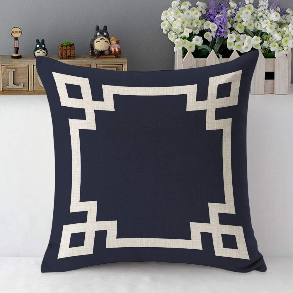 Mugod Greek Key Border Throw Pillow Meander Art Ancient Greek Fret White Navy Blue Black Cotton Linen Square Cushion Cover Standard Pillowcase 18x18 Inch for Home Decorative Bedroom/Living Room/Car