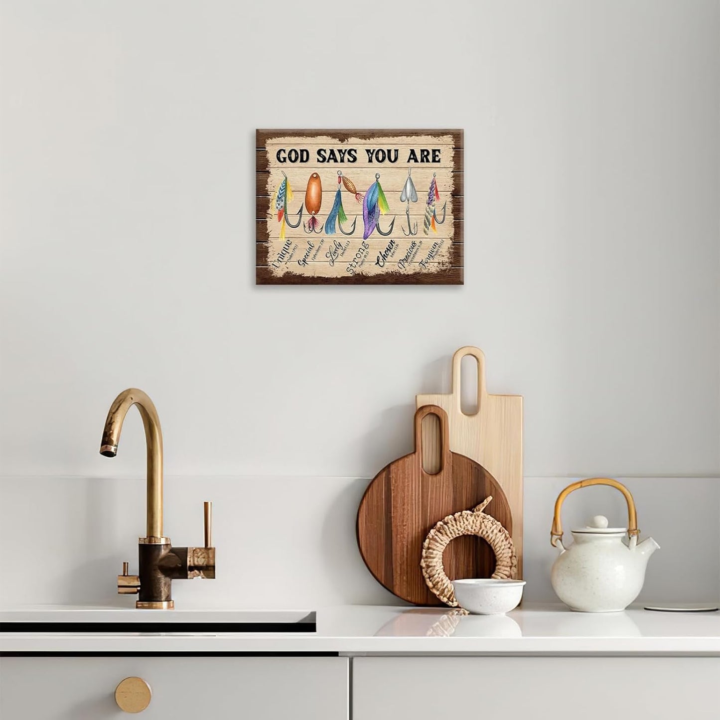 Fishing Wall Art, Fish God Says You Are Pictures Wall Decor Coastal Canvas Prints Framed Artwork Paintings Home Office Decorations For Bathroom Bedroom Living Room Kitchen 24l X 16w