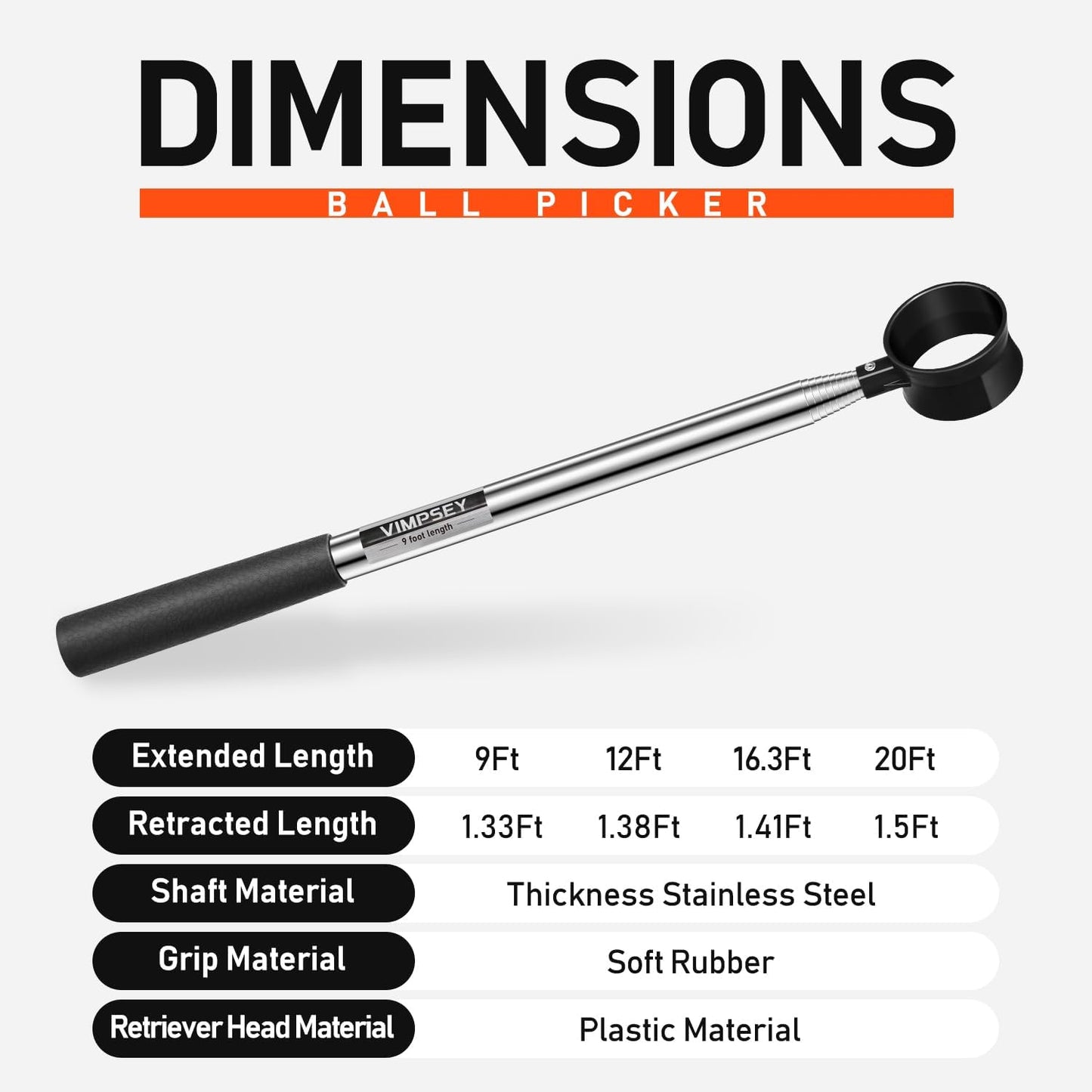 Golf Ball Retriever Telescopic for Water, 9Ft/12Ft/16.3Ft/20Ft Stainless Steel Golf Ball Retriever, Professional Golf Ball Retriever