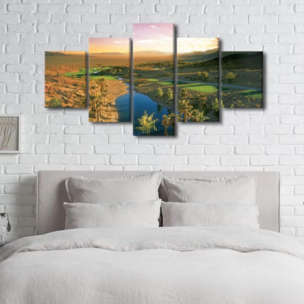 Nature Landscape Canvas Wall Art Cascata Golf Course Scenery Artwork Wall Art Canvas Print USA Themed Home Decor Pictures 5 Panel for Living Room Bedroom Painting Poster Framed Ready to Hang-60"Wx32"H
