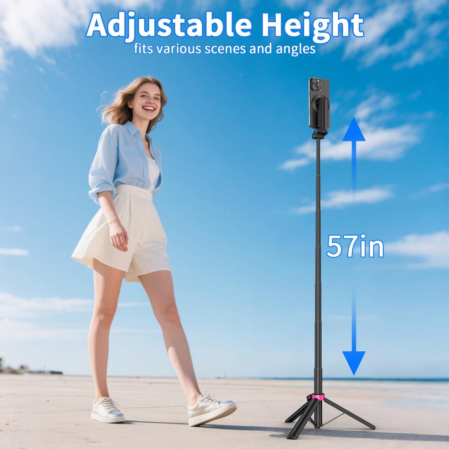 57" Phone Tripod Stand with Remote, Strong Magnetic Selfie Stick for iPhone Android, Portable Travel Tripod for Video Recording Vlog (Black)