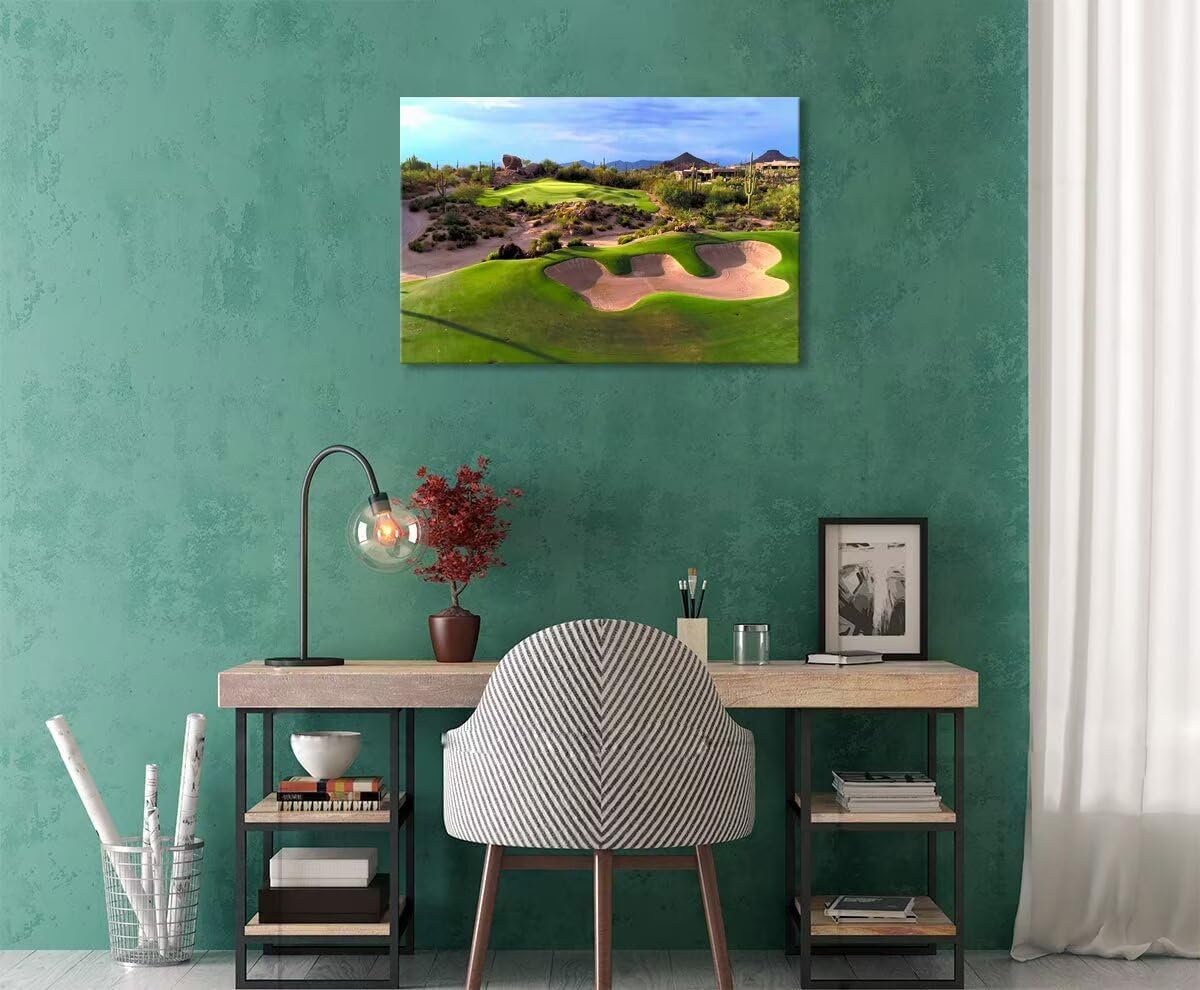 Arizona Desert Golf Course Canvas Wall Art Prints Golf Course Wall Decor for Living Room Bedroom Bathroom Home Decorations Golf Course Picture Framed Artwork Ready to Hang(12''H x 16''W)