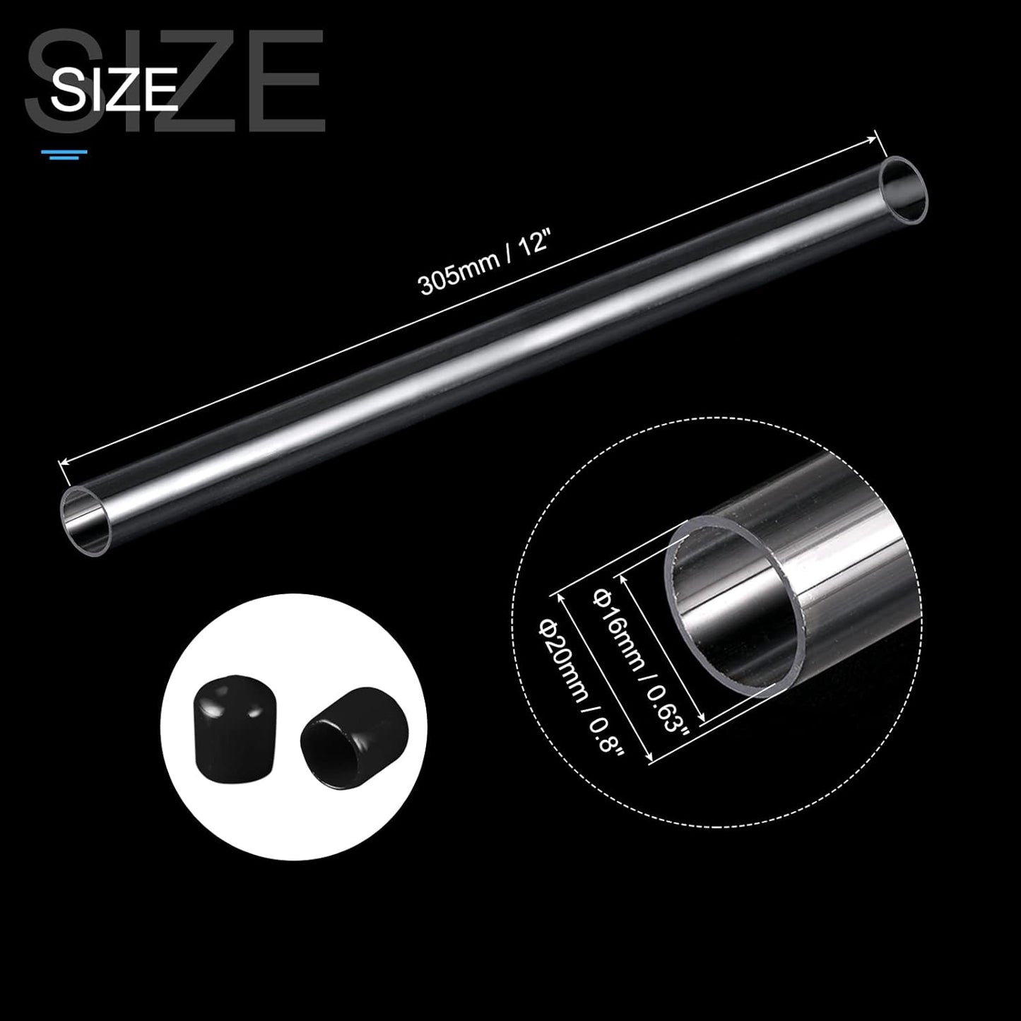 PATIKIL Clear Rigid Tube Round Plastic Tubing with Black Rubber Caps Polycarbonate Water Pipe, 305mm/ 12 Inch Length, 16mmx20mm/0.63"x0.8", 2 Set