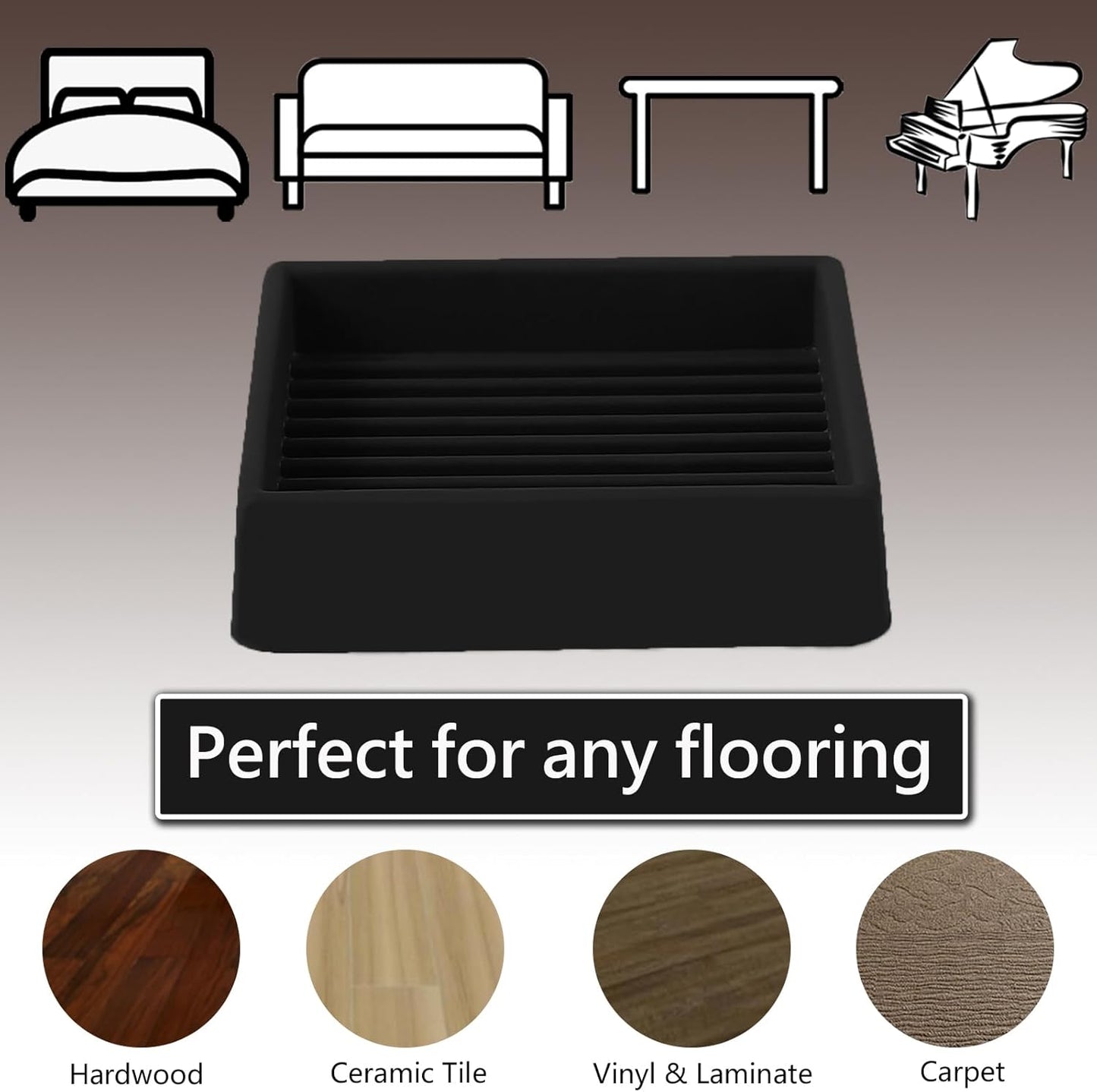 2.5x2.5 Square Rubber Furniture Caster Cups, Anti-Sliding Furniture Pads Bed Stopper Floor Protectors with Grip - Protect Any Flooring