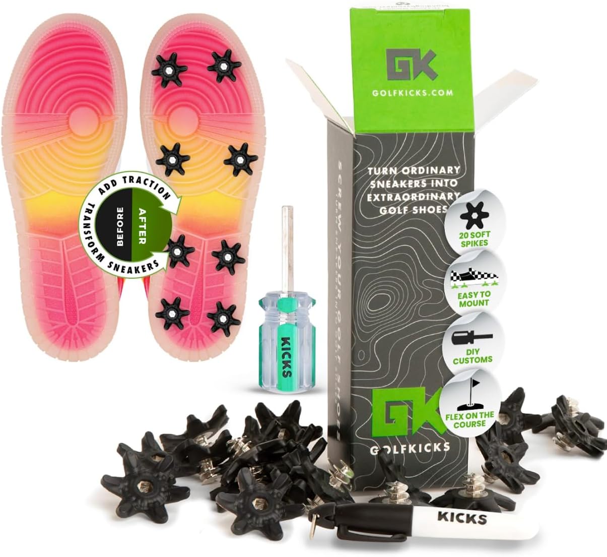 Golfkicks DIY Golf Cleats Kit Transform Sneakers into Golf Shoes Fun Gift Compatible with Flat Rubber Sole Shoes Includes 20 Golf Spikes and Mounting Tools