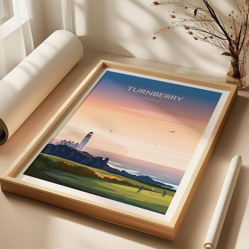 Nationcog Turnberry Golf Print - Ayrshire Scotland, Turnberry Golf Poster, Vintage Golf Travel Poster, Scotland Golf Course Art, Lighthouse Golf Print, Coastal Golf Wall Art (Unframed) (11x14)