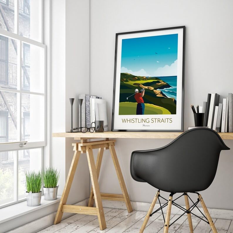 Whistling Straits Golf Print, Wisconsin - Golf Poster, Whistling Straits Golf Poster, Wisconsin Golf Course Print, Golf Art Wall Decor, Coastal Golf Landscape, Golfer Gift (Unframed) (9x11)