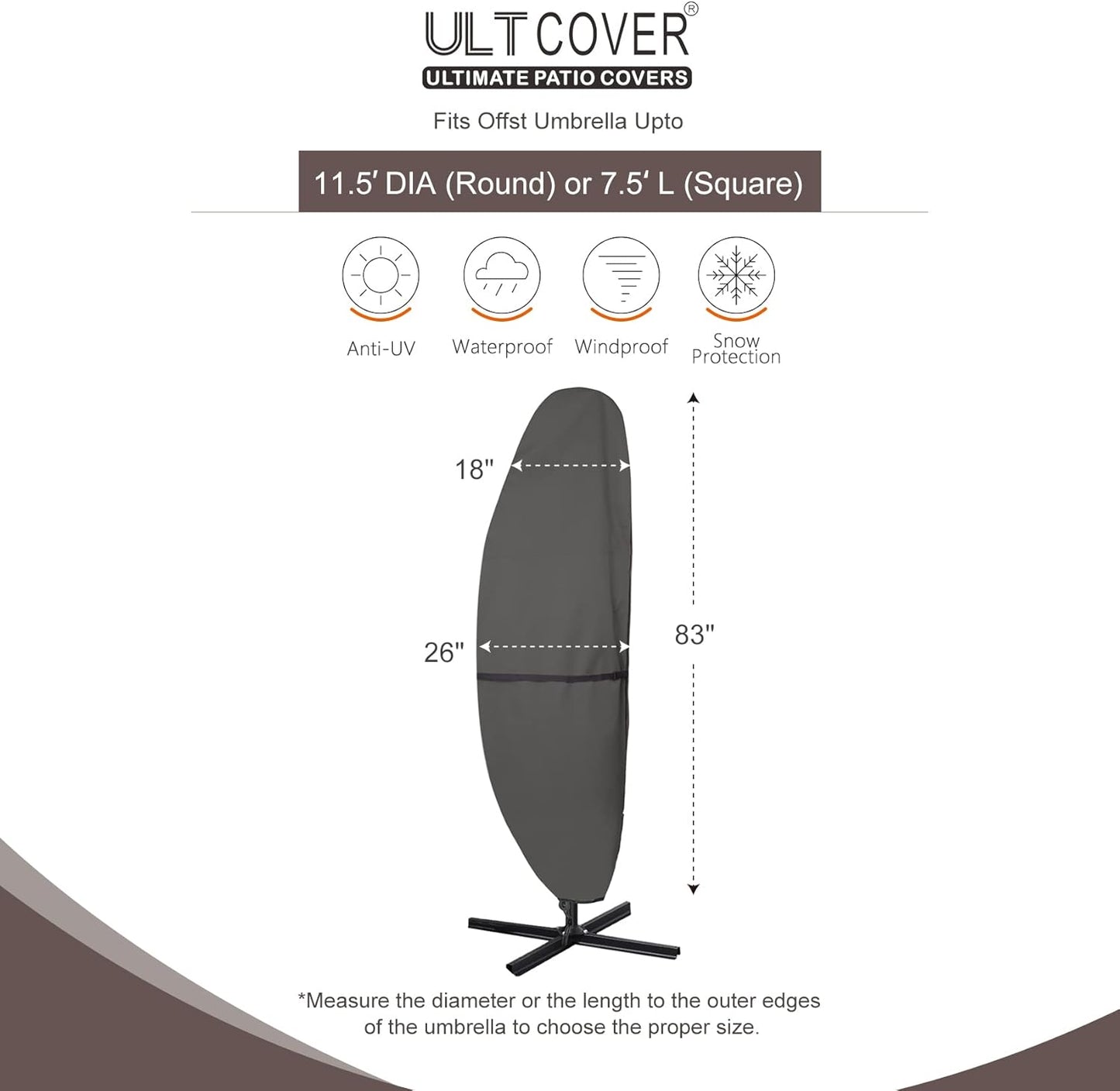 ULTCOVER Patio Parasol 600D Waterproof Outdoor Offset Banana Style Umbrella Cover - Fits Cantilever Offset Umbrella 7.5-11.5 Feet, Black