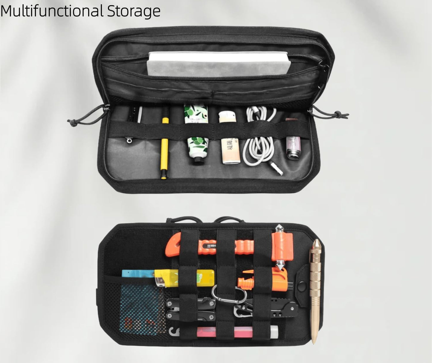 Molle Car Sun Visor Organizer, Multi-Pocket with Double Zipper Visor Organizer Storage Pouch Holder & Glasses Clip for Cars, Molle Panel for Tactical Gears, Fits Most Vehicles, SUVs, Trucks