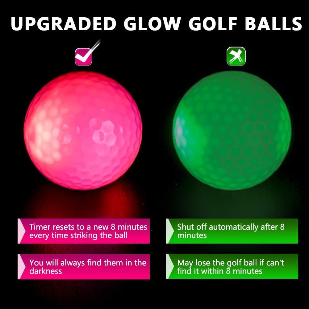 THIODOON Glow in The Dark Golf Balls - 7 Color LED, No Timer, Easy On/Off, 6 Pack