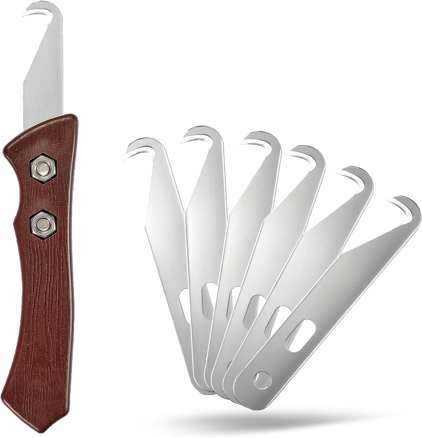 7pcs Club High-Carbon Steel Single-End Hook Knife Set with Wood-Grip Handle & Pre-Lubricated Blades - Golf Club/Bike Grip Removal Tool
