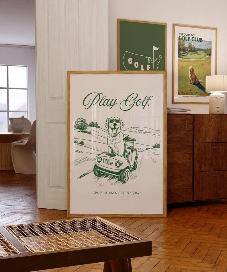 Golf Wall Art Print, Play Golf Poster with Golden Retriever in Cart, Retro Sketch Artwork, Trendy Sports Decor, Inspirational Golf Quote Print, for Dog Lovers (Unframed) (12x18)